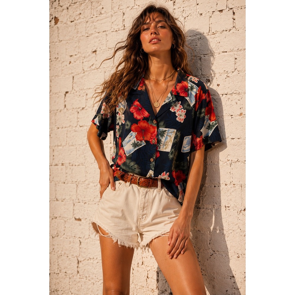 Vintage La Cabana Navy Rayon Hawaiian Shirt Tropical Hibiscus Postcard Print L